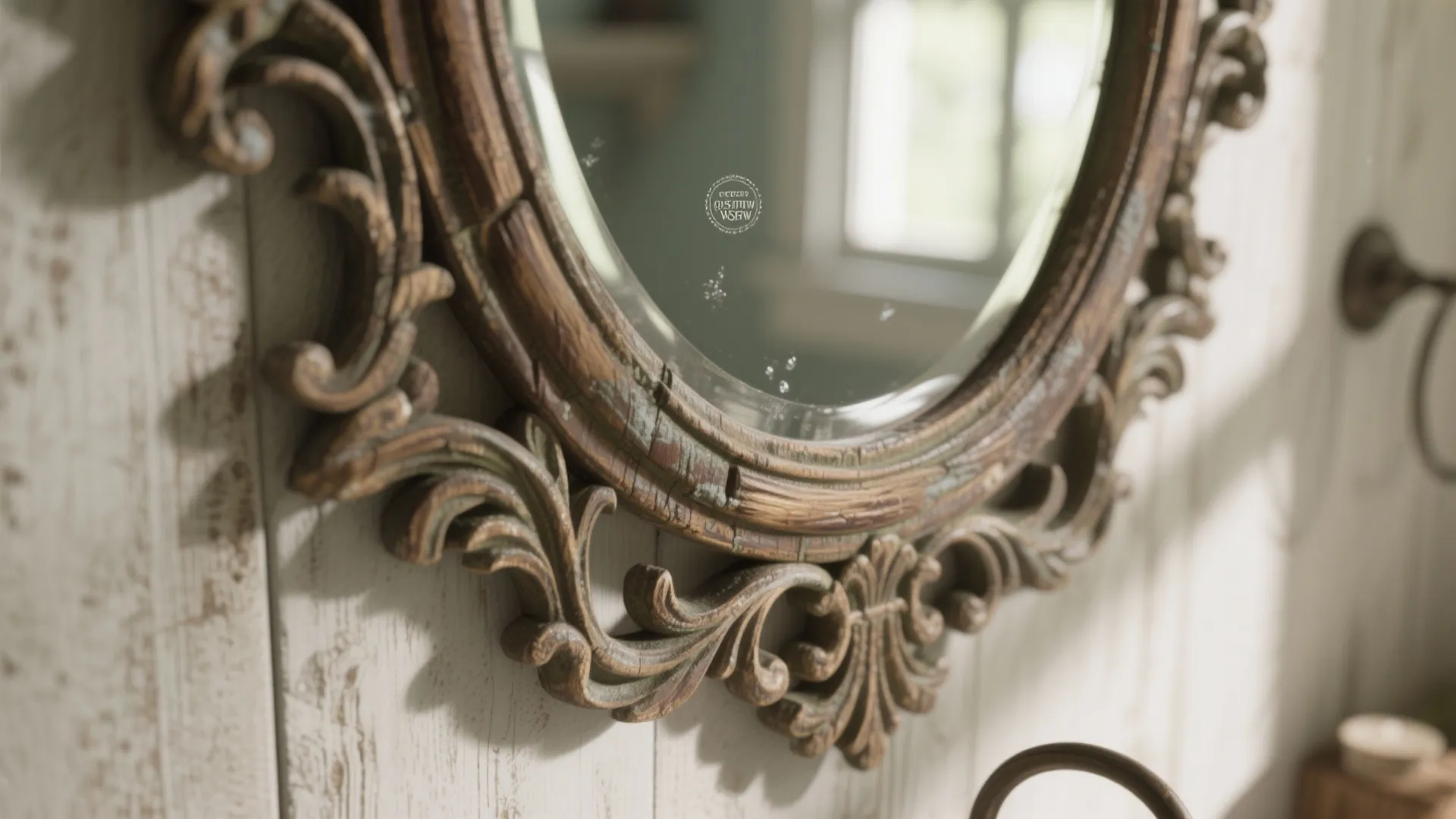 Close up of an ornate oval wall mirror with decorative brown frame on white wooden wall