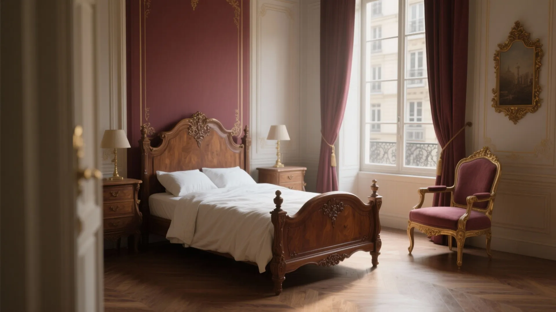 Small bedroom with an antique carved bed frame and restored Louis XVI chair