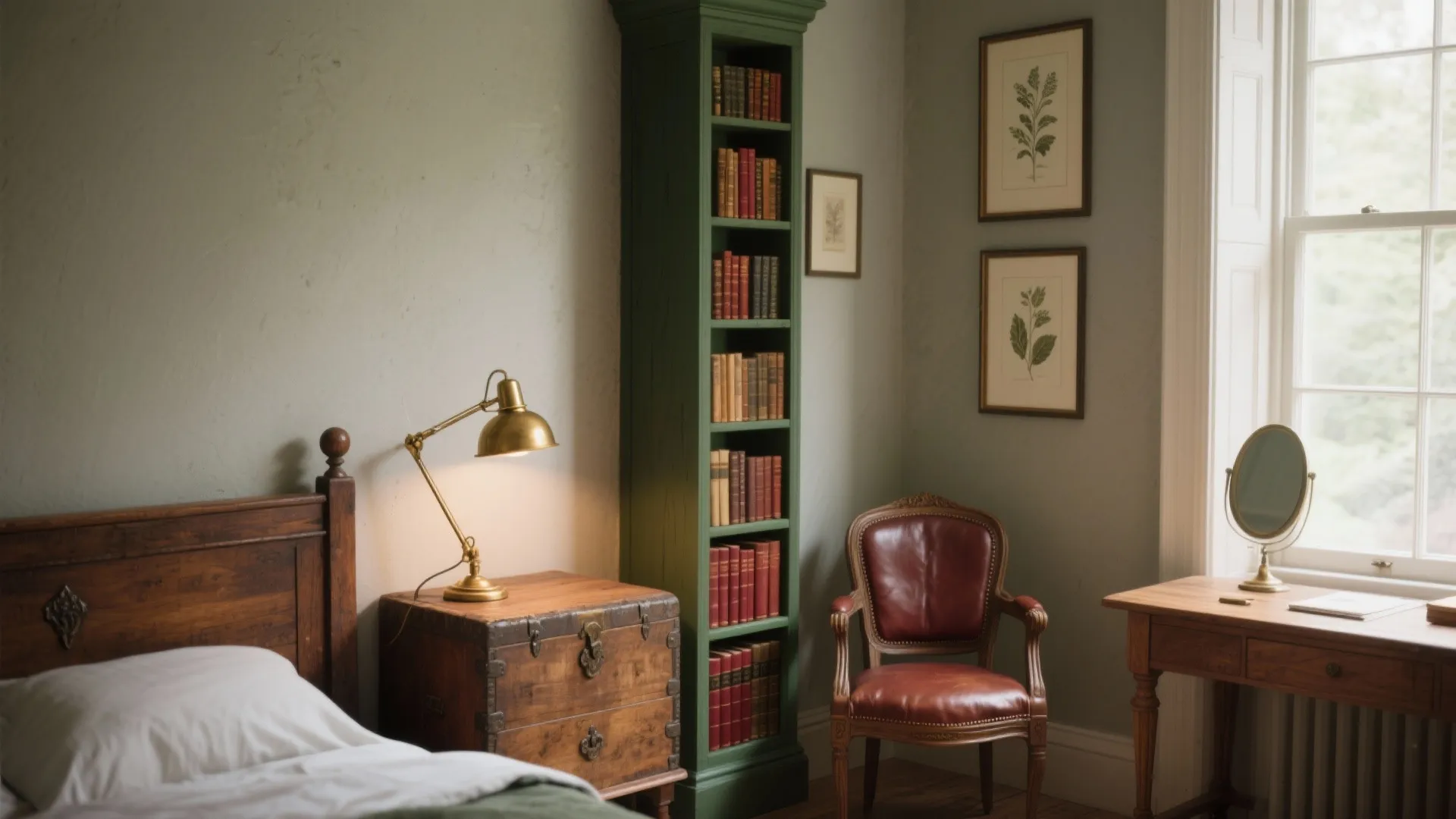 Vintage bedroom corner with green tall bookshelf wooden trunk brass lamp and brown leather armchair