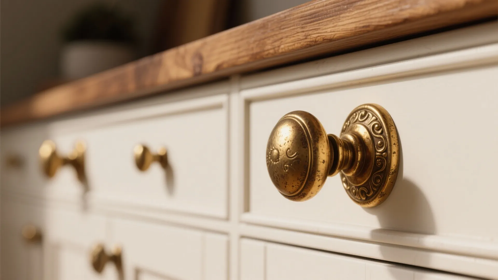 Close up of gold round drawer knobs on white cabinet under a natural wood countertop surface