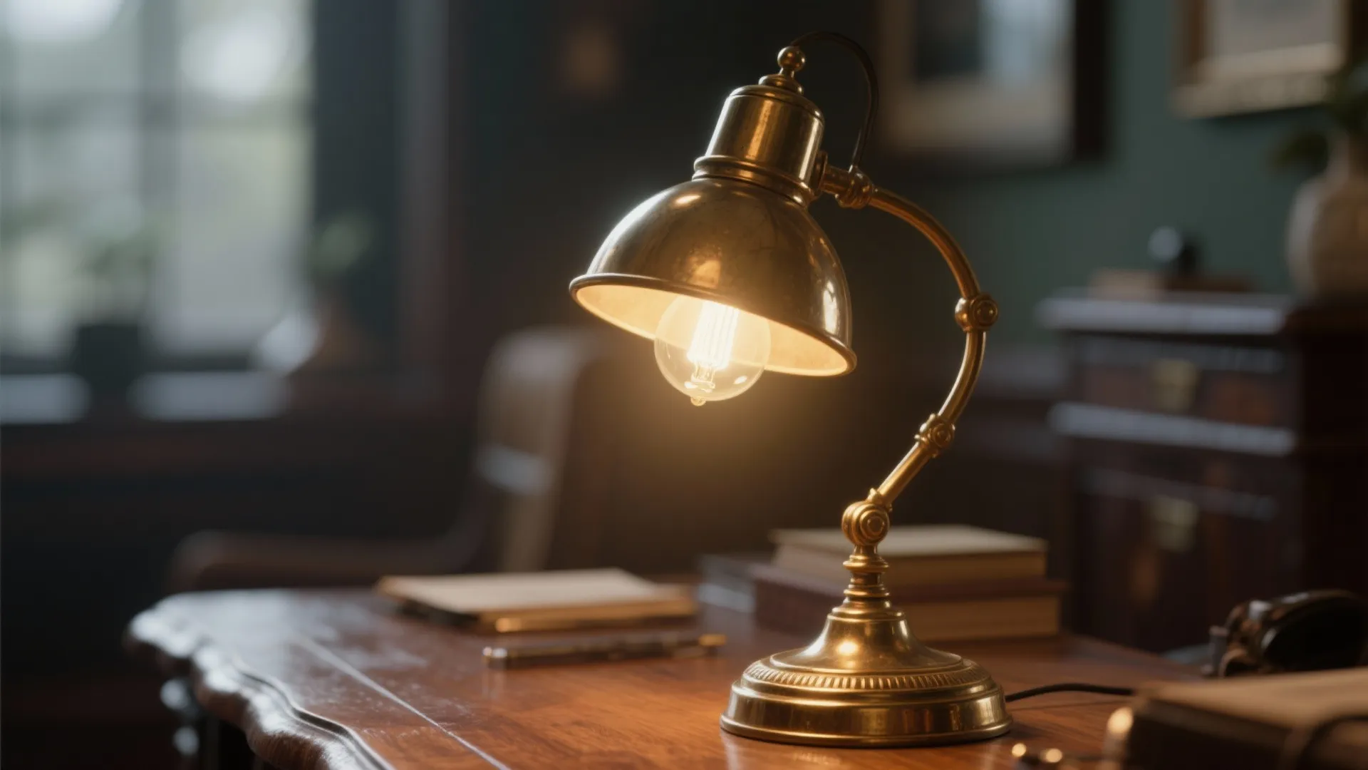 Warm yellow light from a brass desk lamp on a dark wood table with books