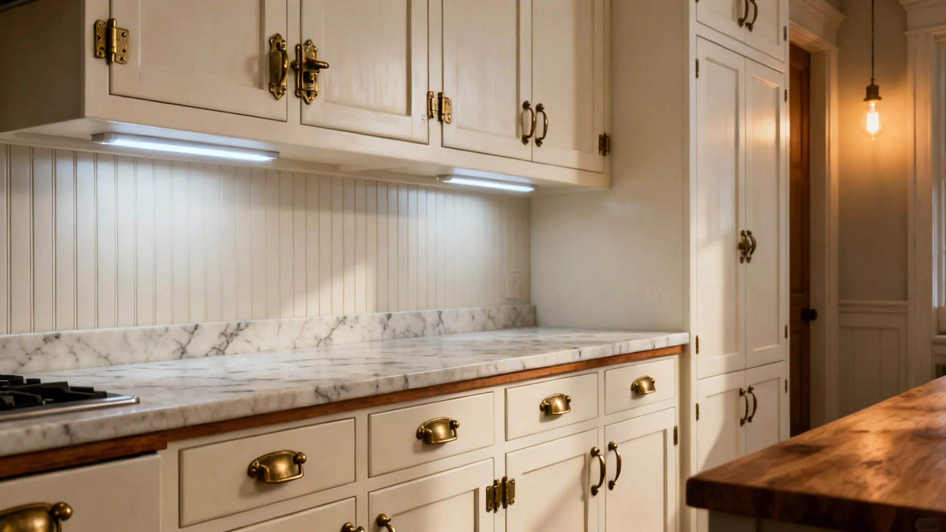 Upper cabinets with antique brass latches and drawers with brass cup pulls in a farmhouse kitchen.