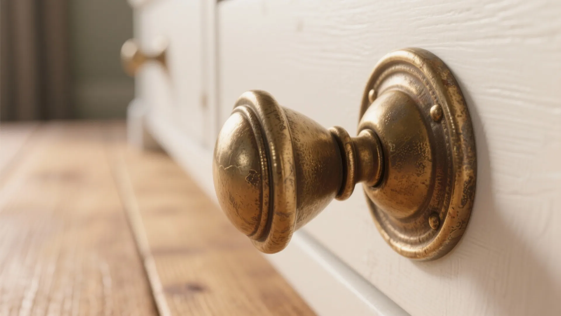 Close up of antique brass cabinet knob on white painted wooden drawer with rustic metal hardware
