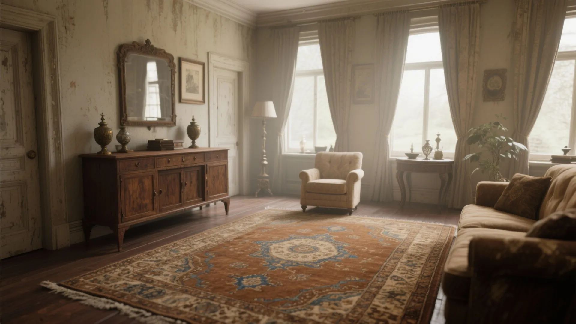 Warm brown antique rug with faded blue accents in a classic living room with wooden furniture.