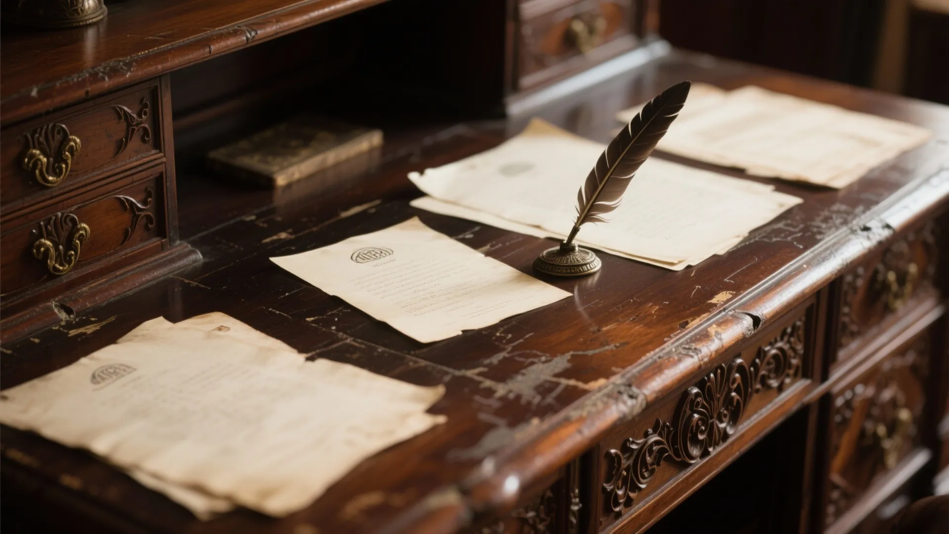 Close up view of dark wood antique desk with paper sheets and a feather writing pen