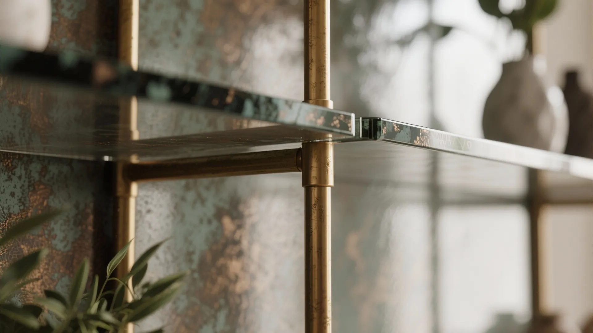 Close up of glass shelves with gold metal supports against textured green and brown wallpaper
