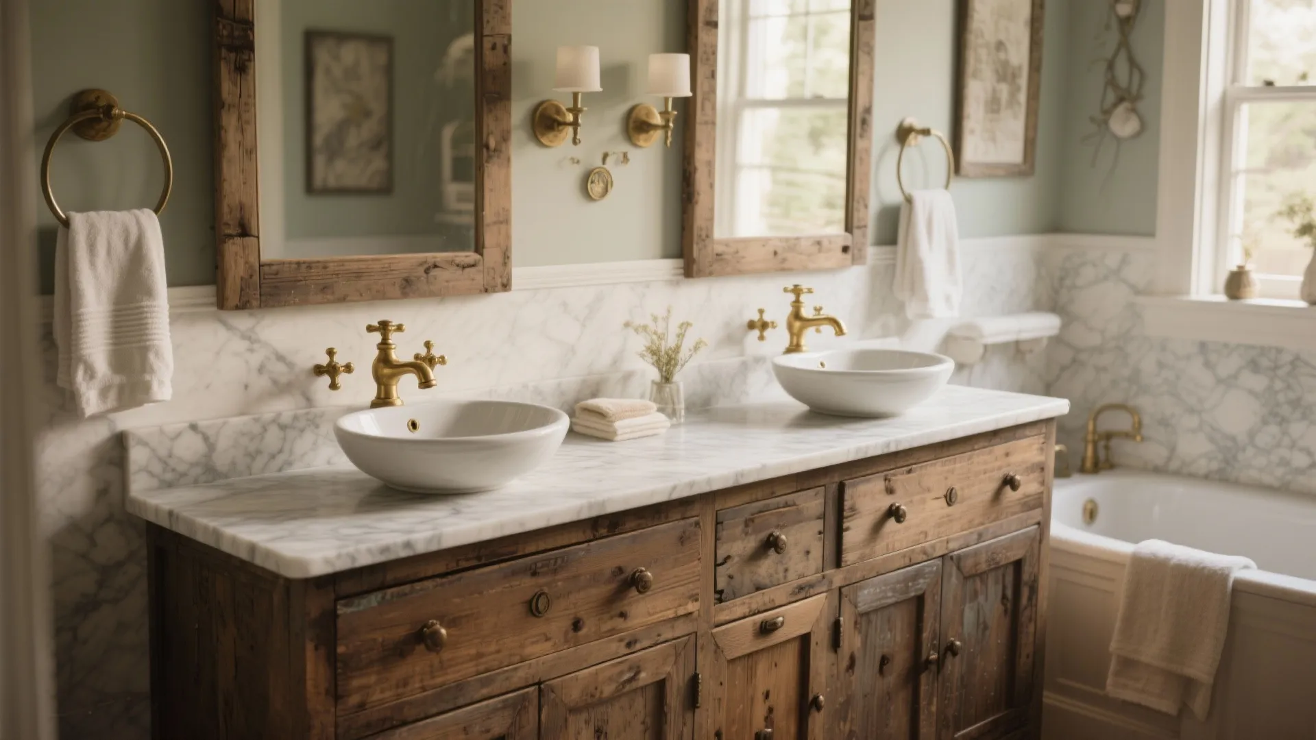 Rustic bathroom with wood cabinet marble countertop two white sinks gold faucets and wall light fixtures