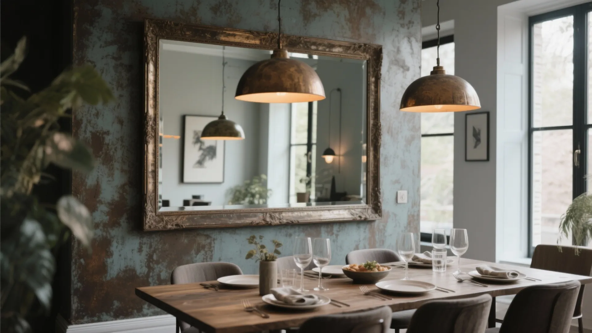Dining room with antique finish mirror adding texture