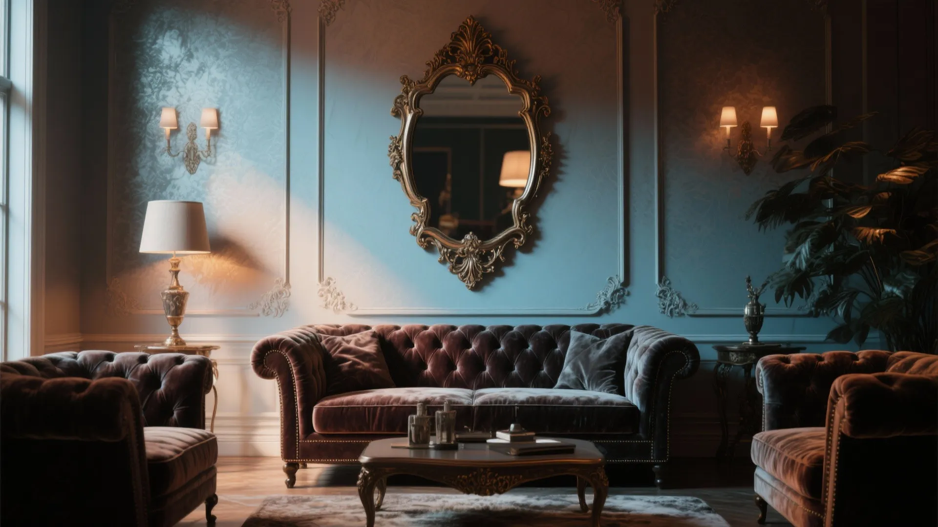 Classic living room with velvet sofa wall panel ornate mirror and two warm wall lights