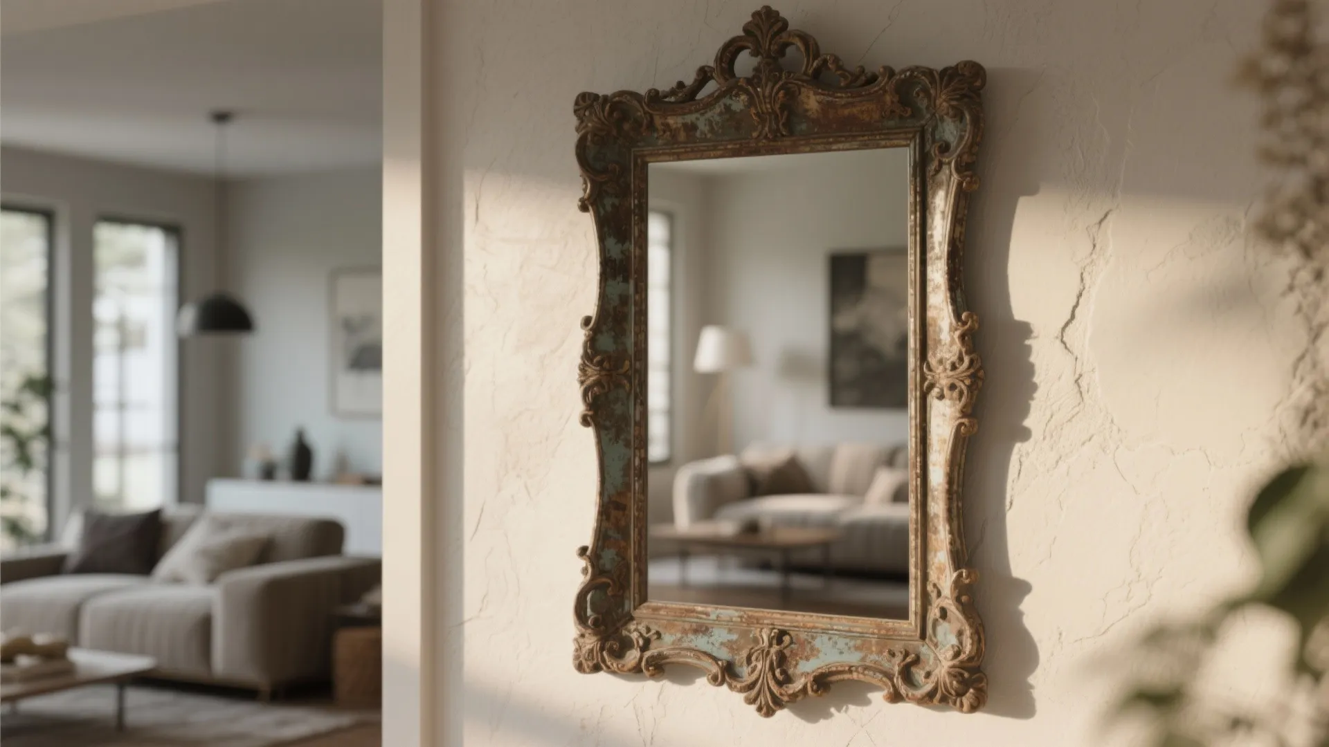Antique framed mirror with ornate detail in modern interior