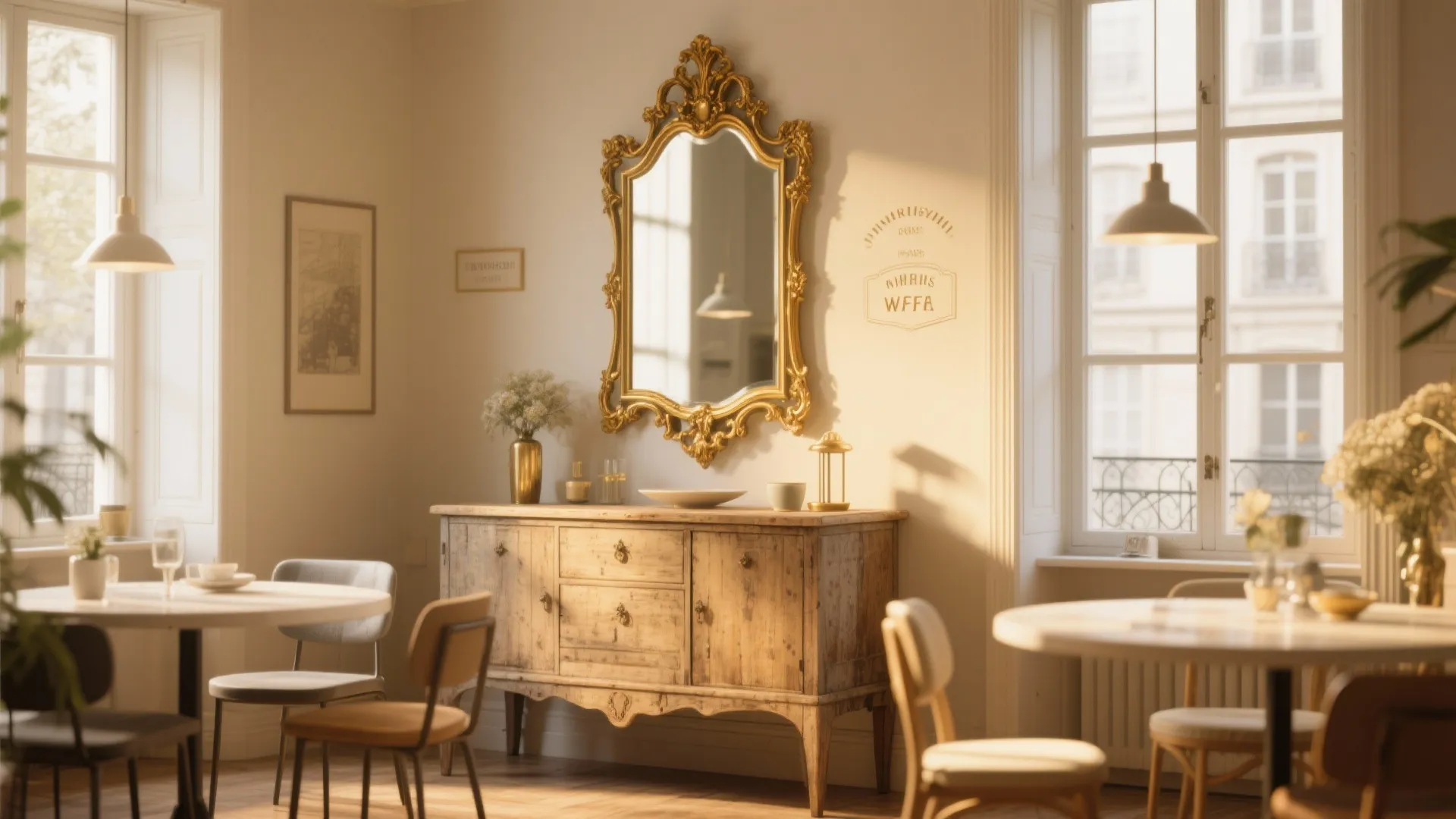 Classic dining room with gold framed mirror hanging above a wooden cabinet and white tables