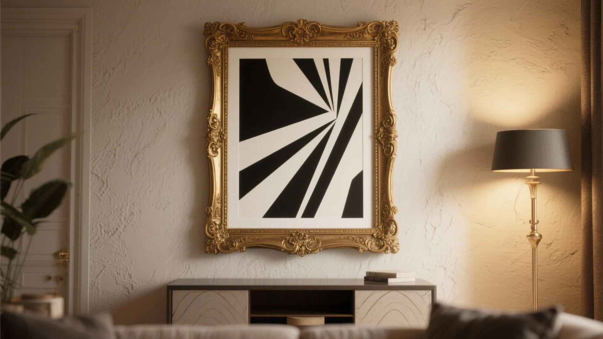 Ornate gilt frame with a monochrome modern print creating curated contrast above a console.