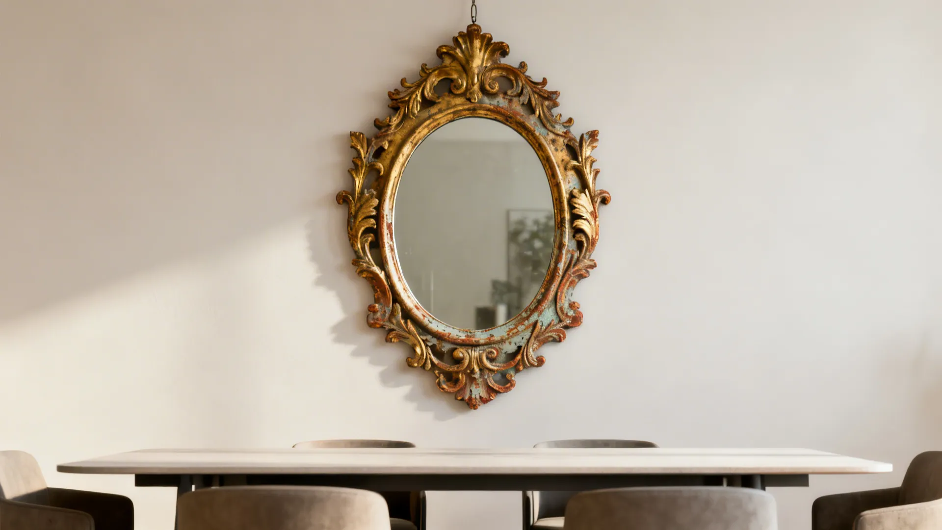 Decorative old style oval mirror hanging on white wall above a dining table and chairs