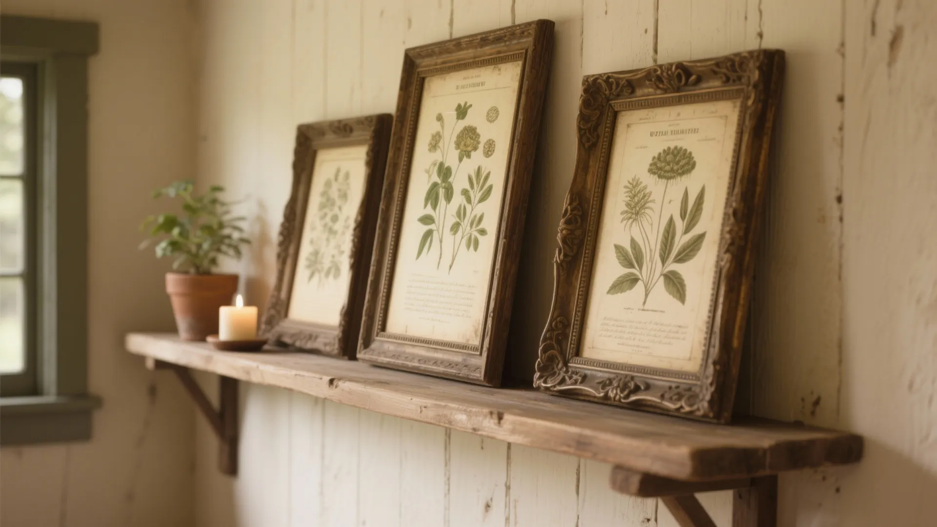 Three antique flower wall art frames on a rustic wooden shelf with a small candle