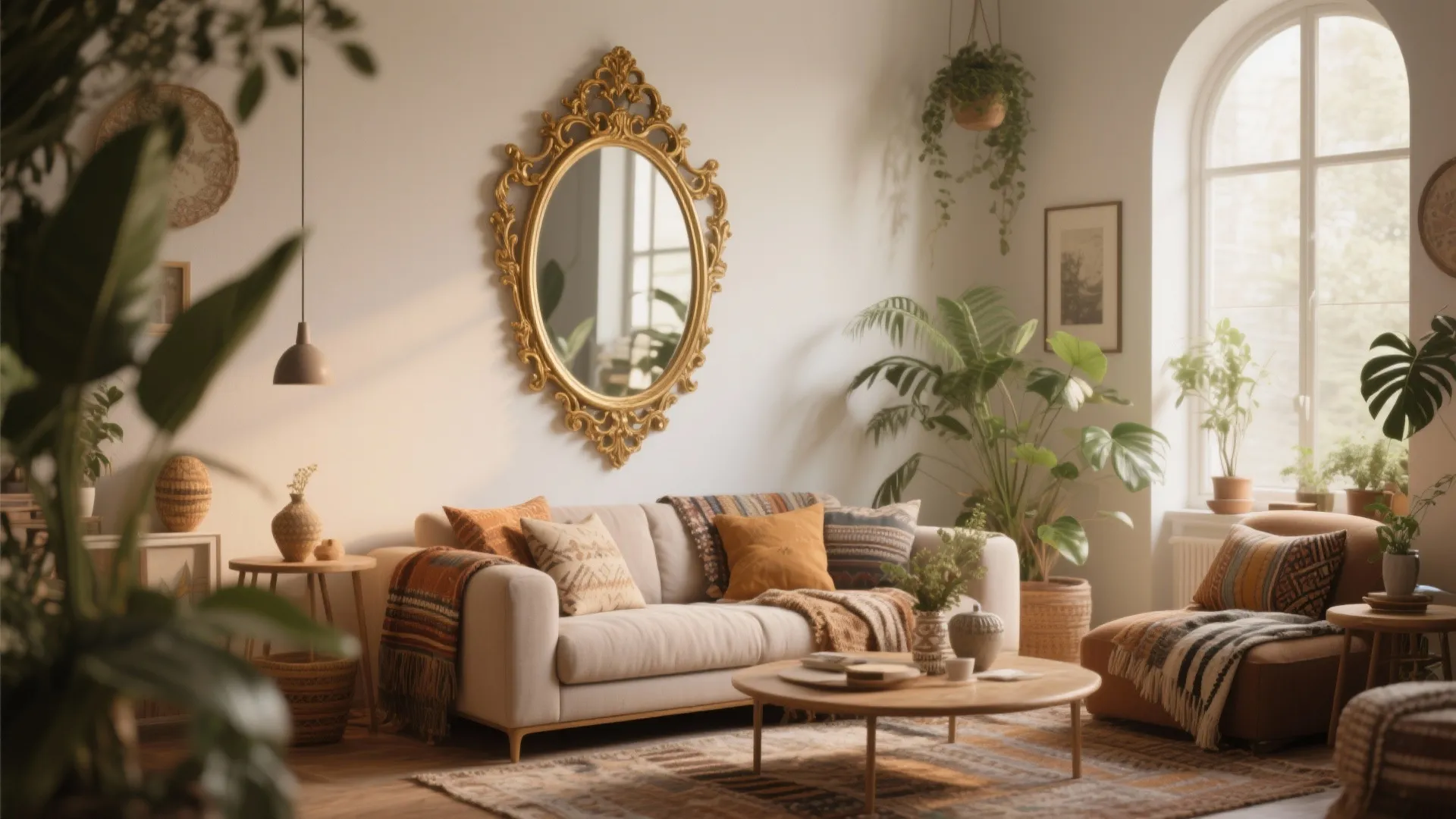 Boho-modern living room with ornate French-style mirror