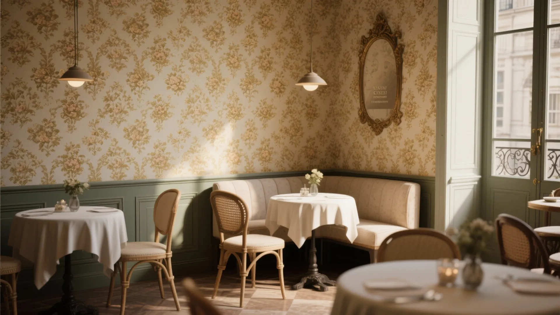 Dining nook with antique French damask wallpaper in muted gold tones
