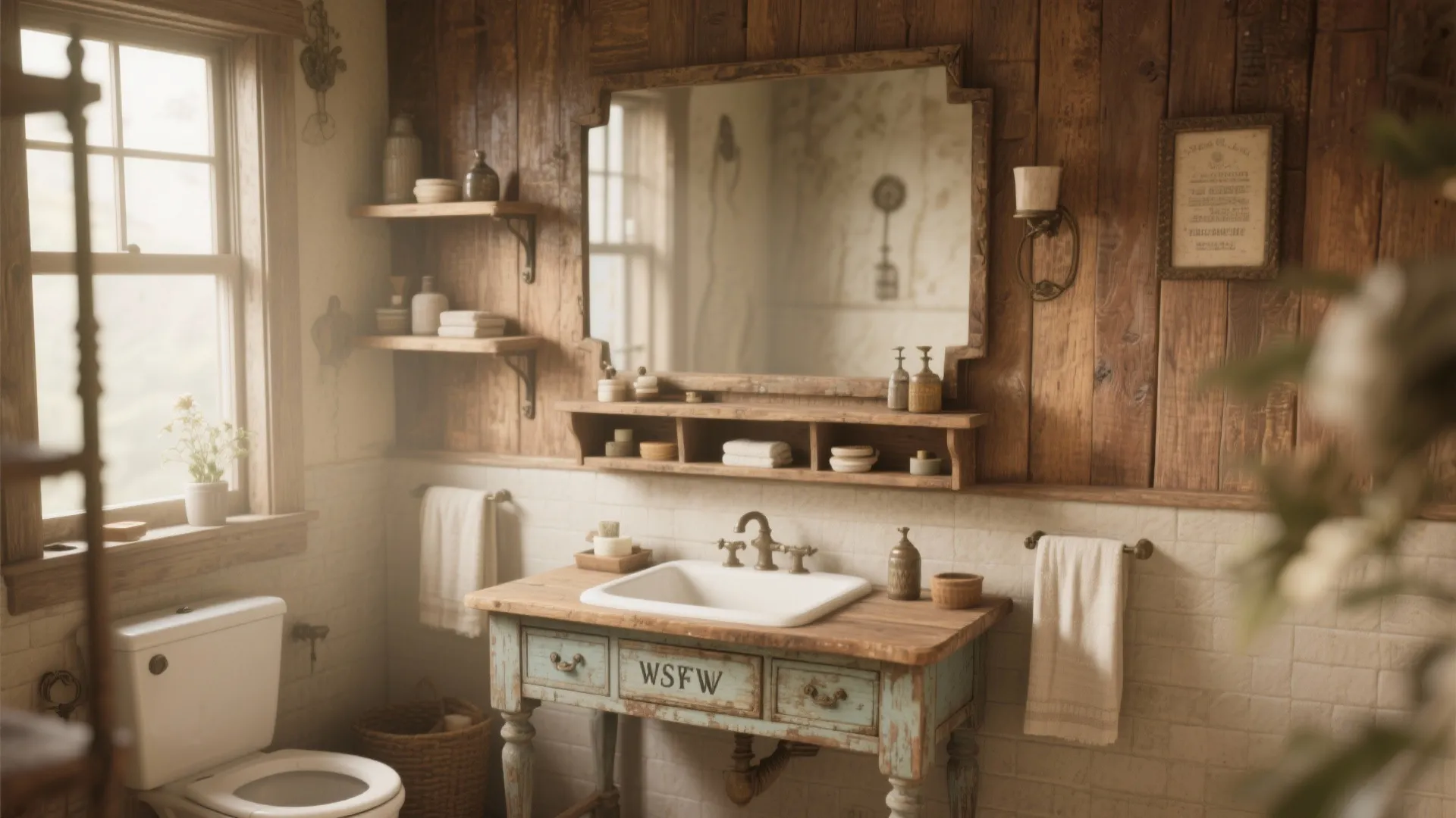 Repurposed antique console used as bathroom shelf
