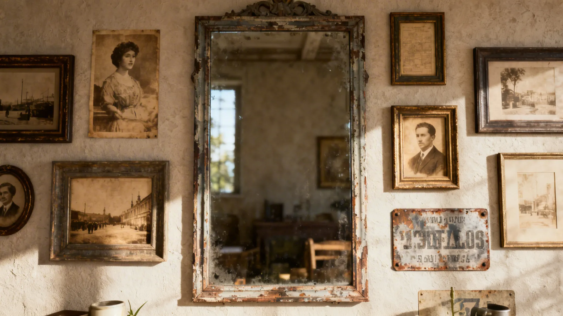 Vintage gallery wall with old framed photos, metal sign, and a large mirror in center