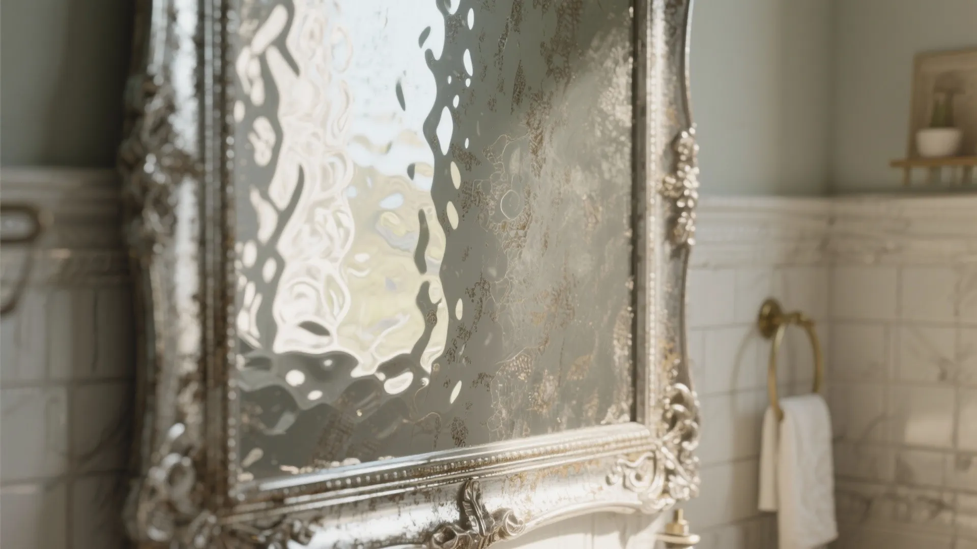 Antiqued glass mirror with soft silver patina catching light