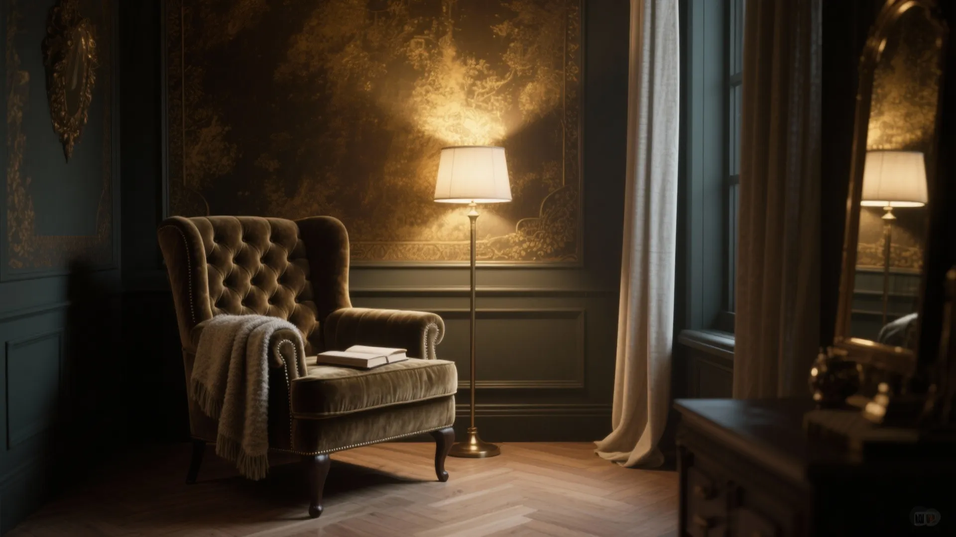 Classic green reading corner with brown velvet sofa, floor light, open book, and gold wallpaper