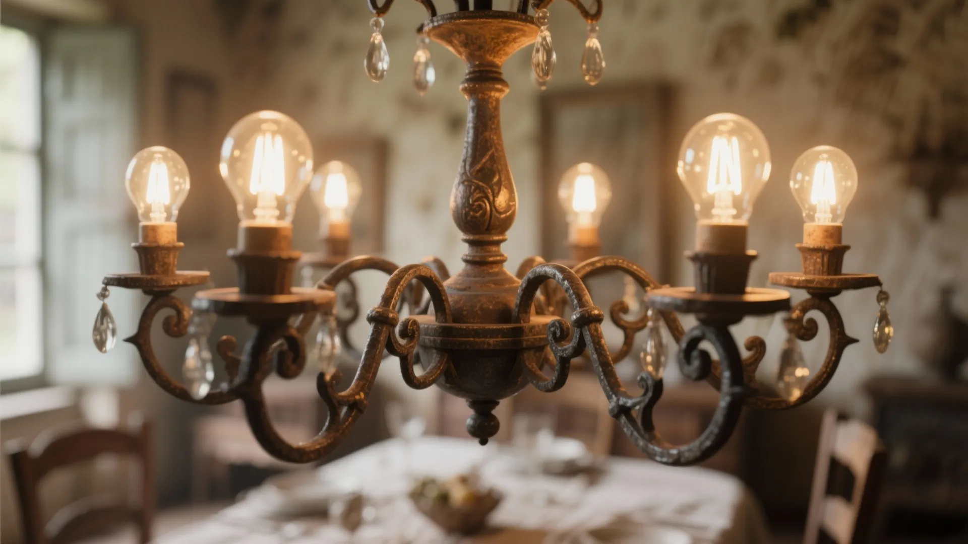 Vintage metal ceiling light with exposed light bulbs over a dining table in a room