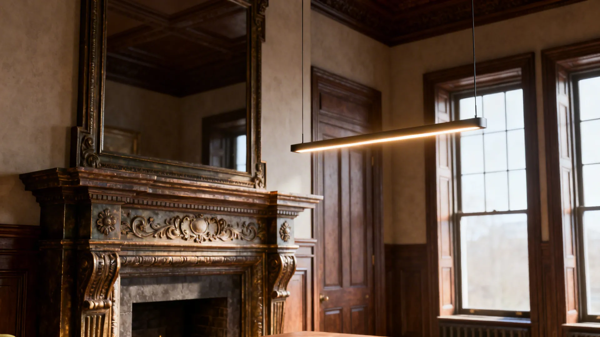Victorian antique mantel paired with a contemporary pendant light creating intentional contrast.