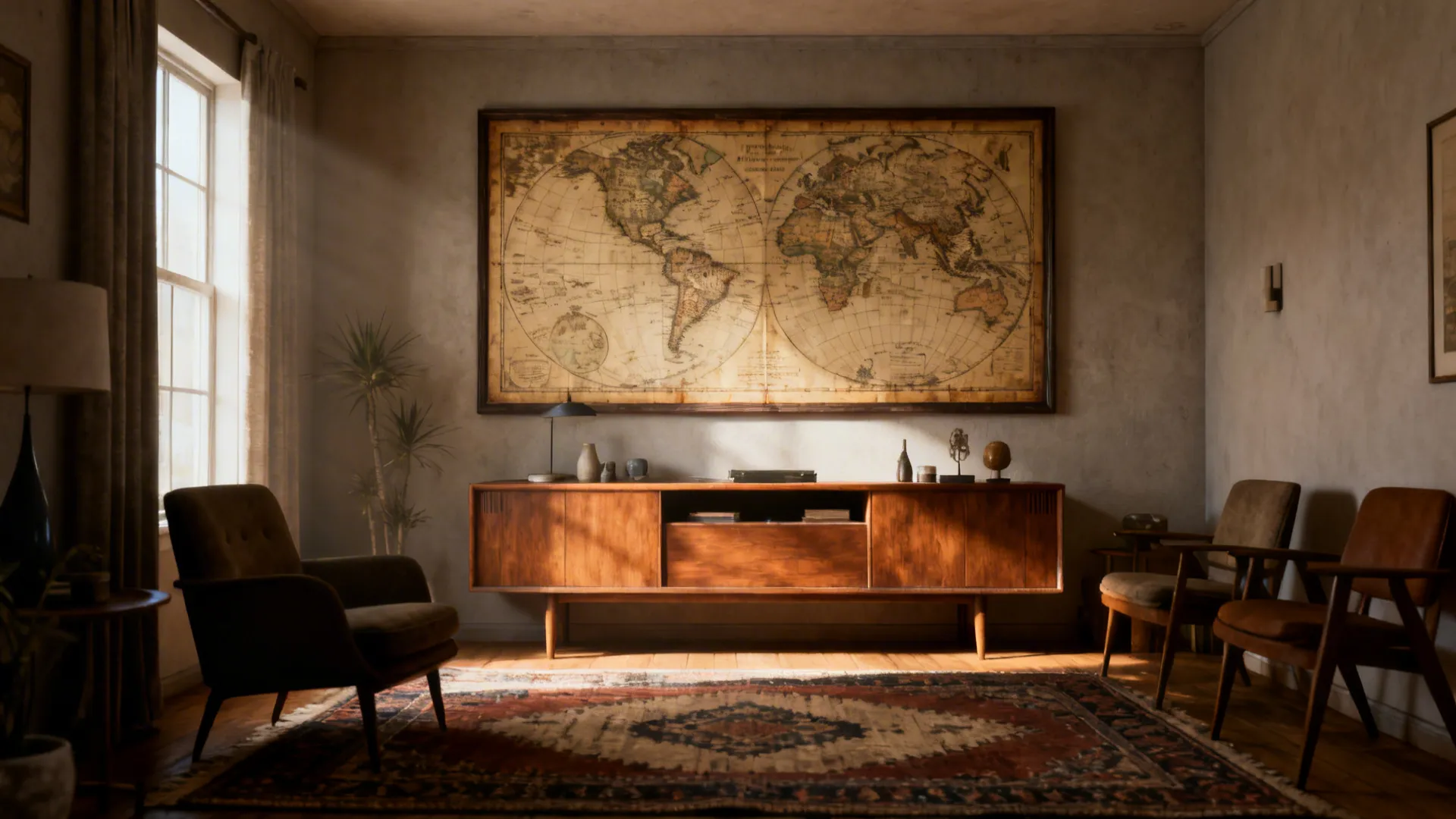Small living room with an oversized framed antique map as a dramatic focal point.