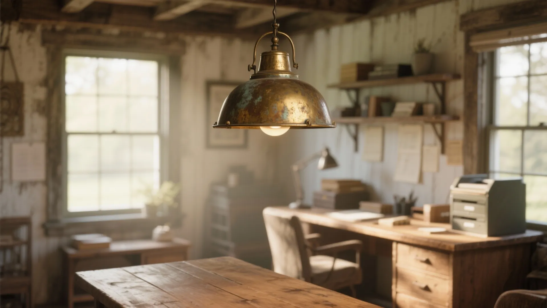 Antique metal ceiling light hanging over a rustic wooden desk in a bright home office