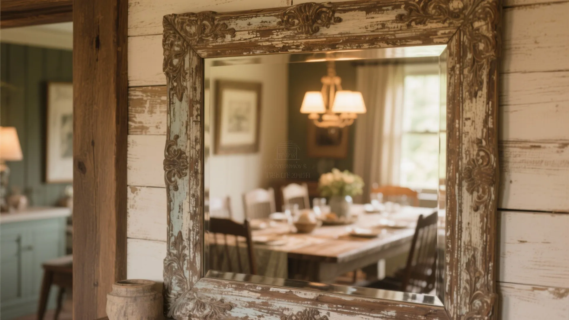 Distressed wood mirror reflecting a dining room table with chairs and a warm ceiling light