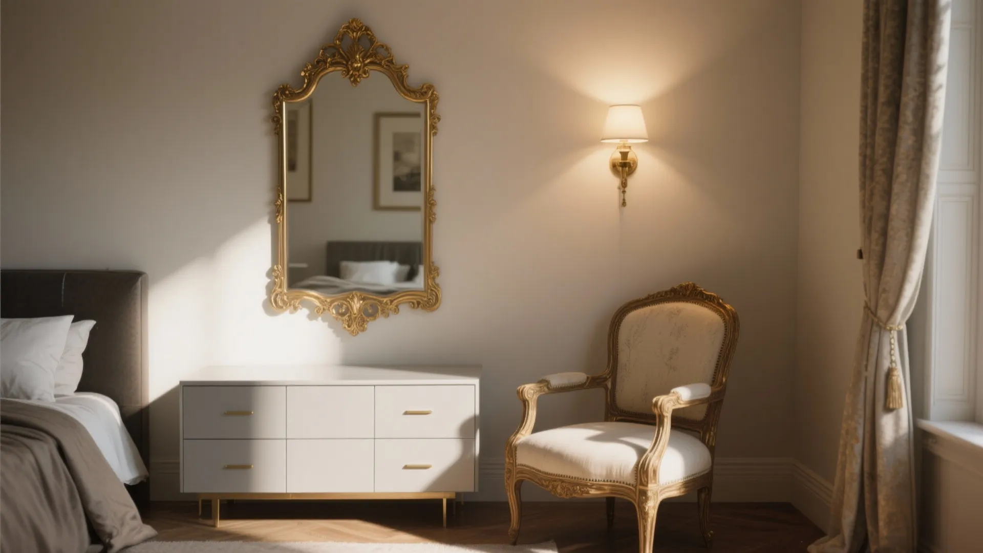 3. Antique mirrors and mixed-mood furniture