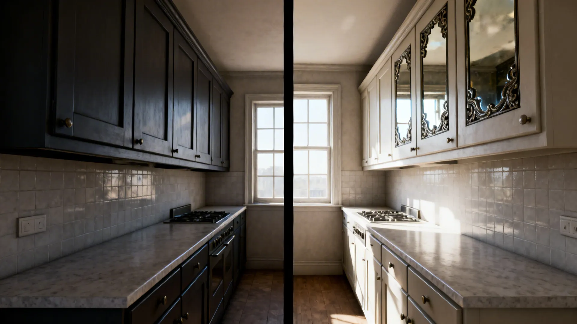 Before-and-after showing antique mirror inserts brightening a narrow galley kitchen.