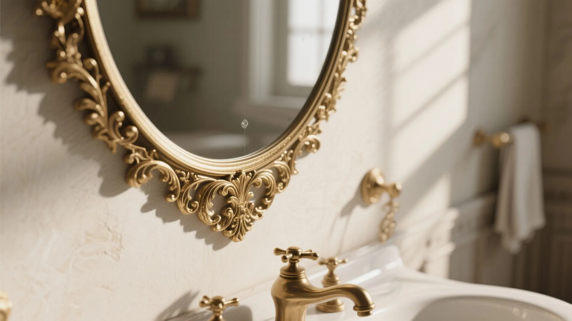 Close up of gold ornate mirror above a white bathroom sink with classic gold faucets