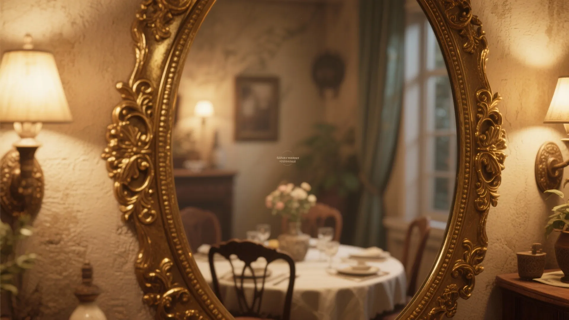 Antique gold-framed mirror adding character to dining room decor