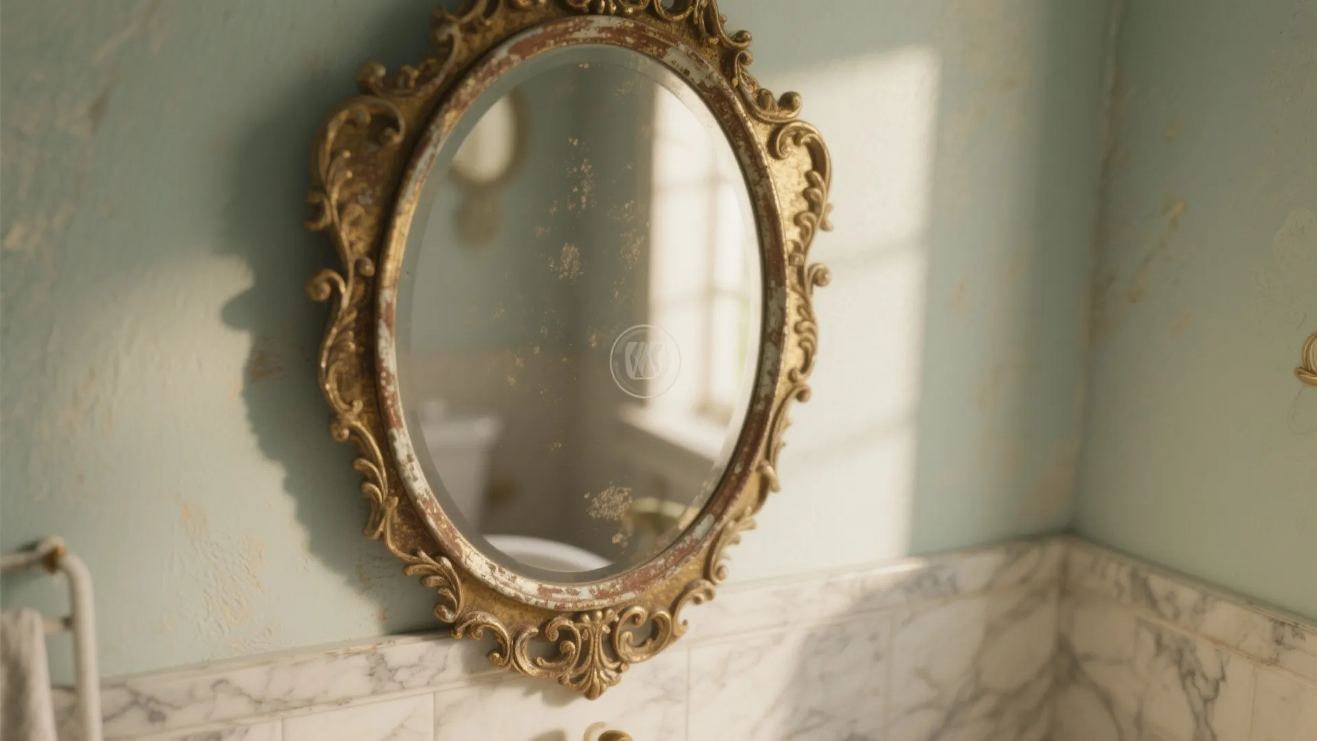 Oval gold wall mirror with ornate frame on light blue wall above marble bathroom tiles