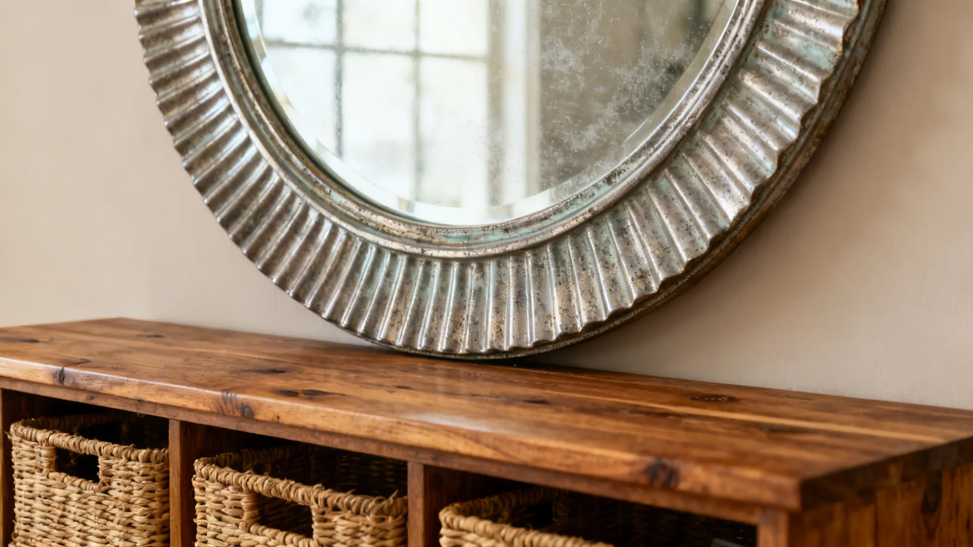 Close-up of foxed antique mirror with fluted edges above a teak console and woven baskets.