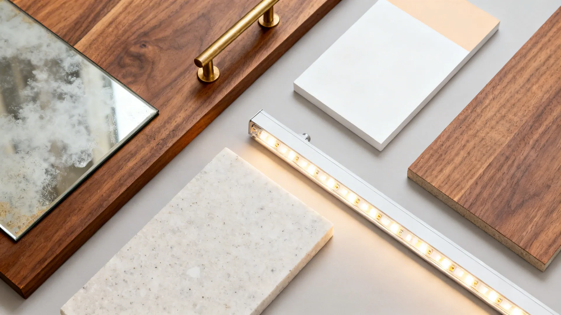 Flatlay with antiqued mirror sample, brass, walnut, and light quartz for a warm kitchen palette.
