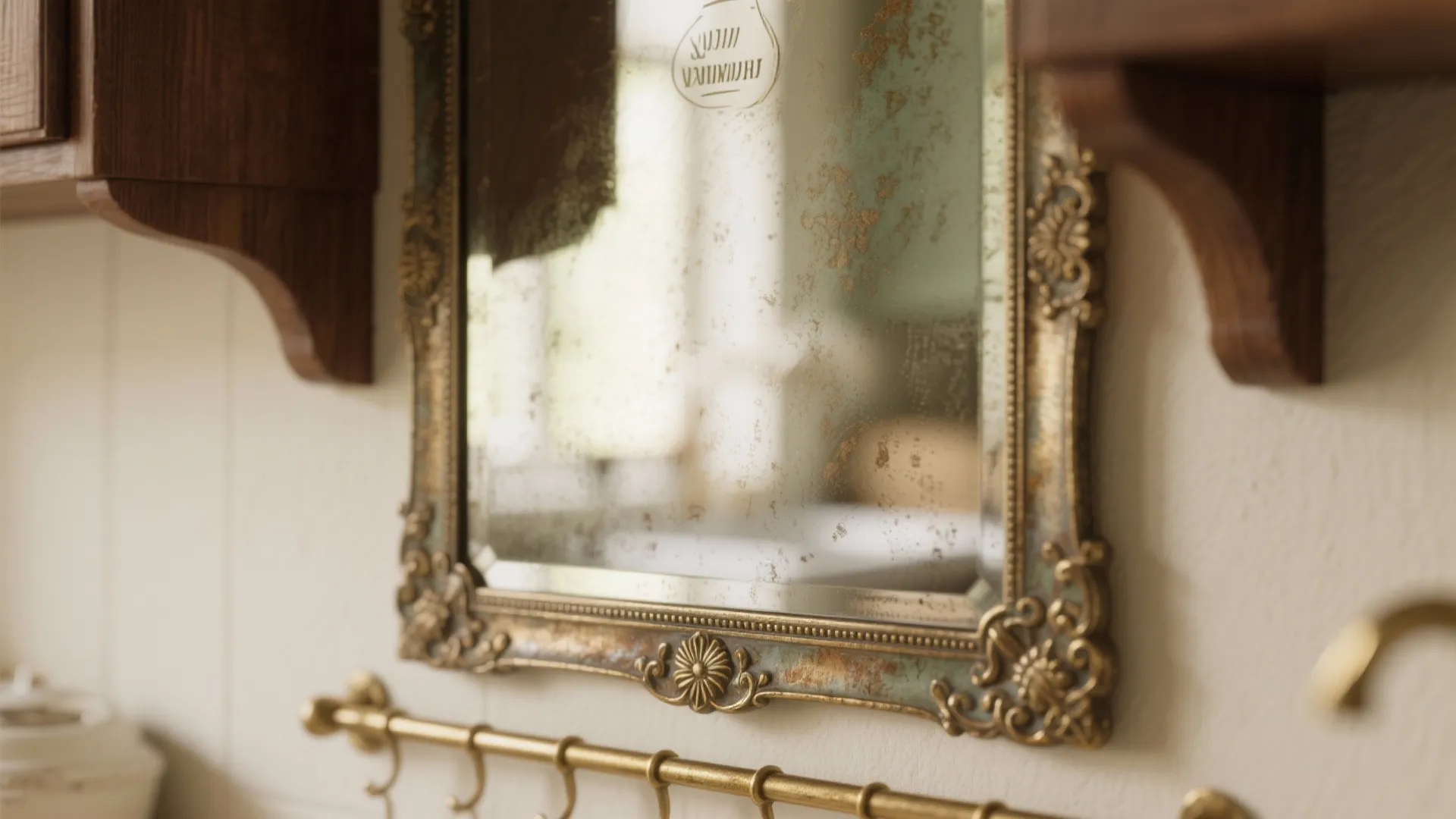 Vintage mirror with ornate gold frame and aged glass hanging on white wall near cabinets