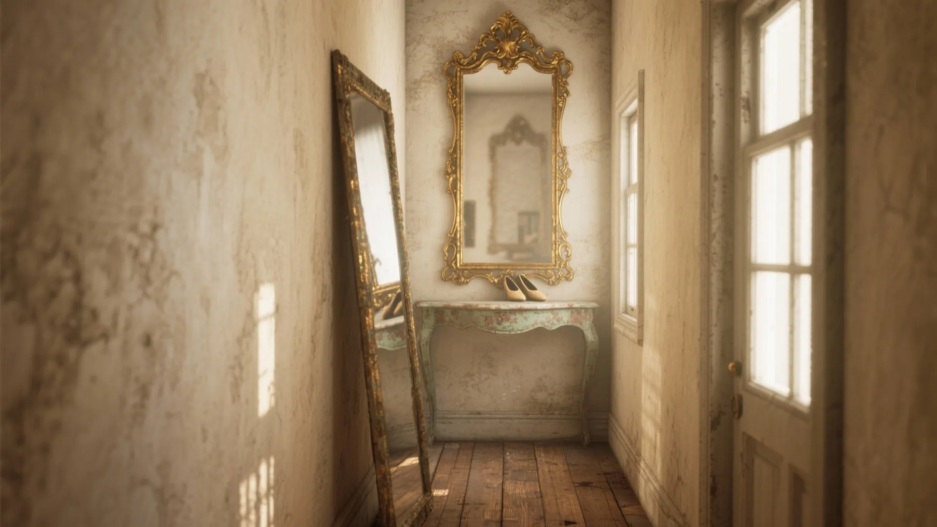 Vintage hallway with a gold framed wall mirror above a small table and wood floor