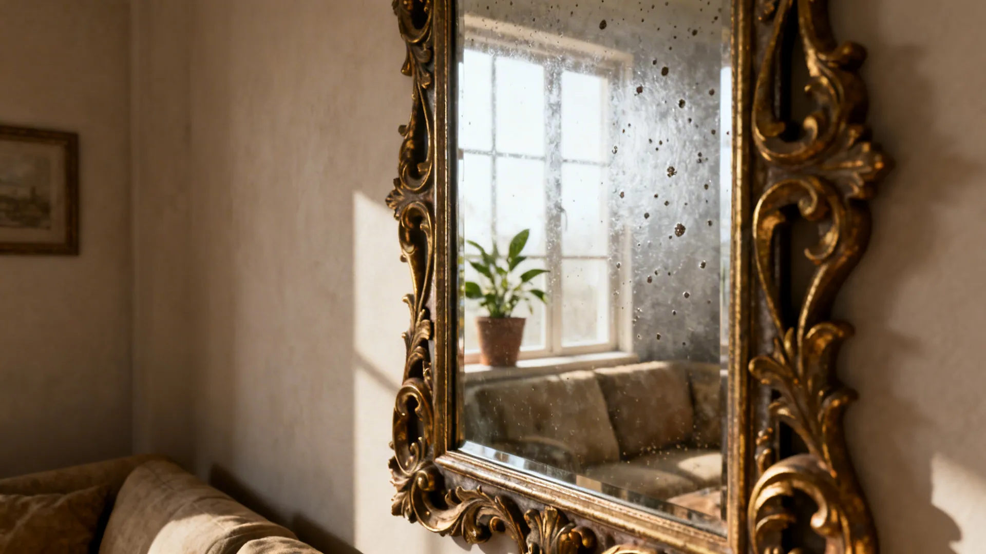 Ornate antique mirror reflecting light and a houseplant in a small living room.