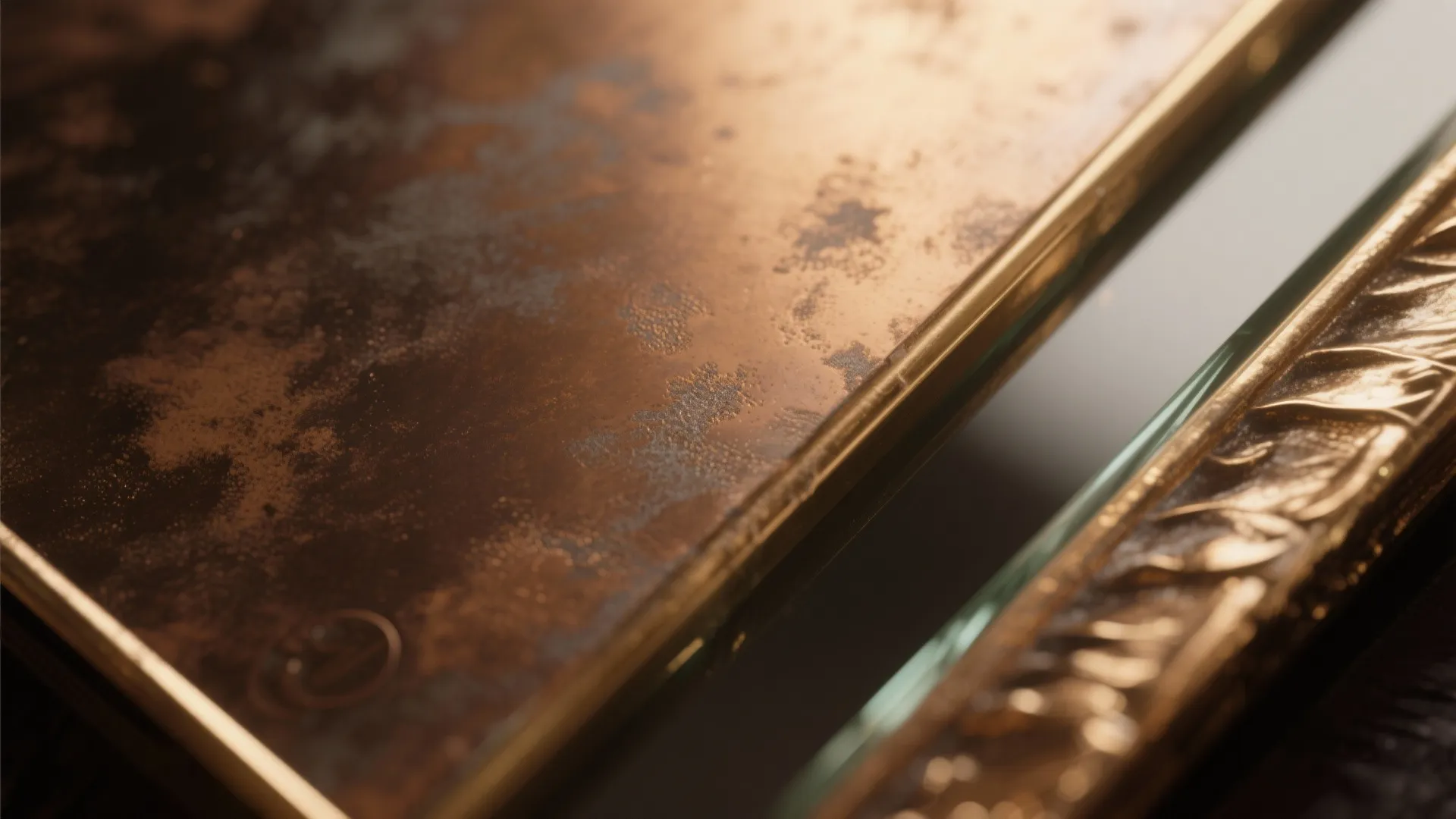 Close-up of lightly antiqued bronze mirror with beveled polished edge catching warm light.