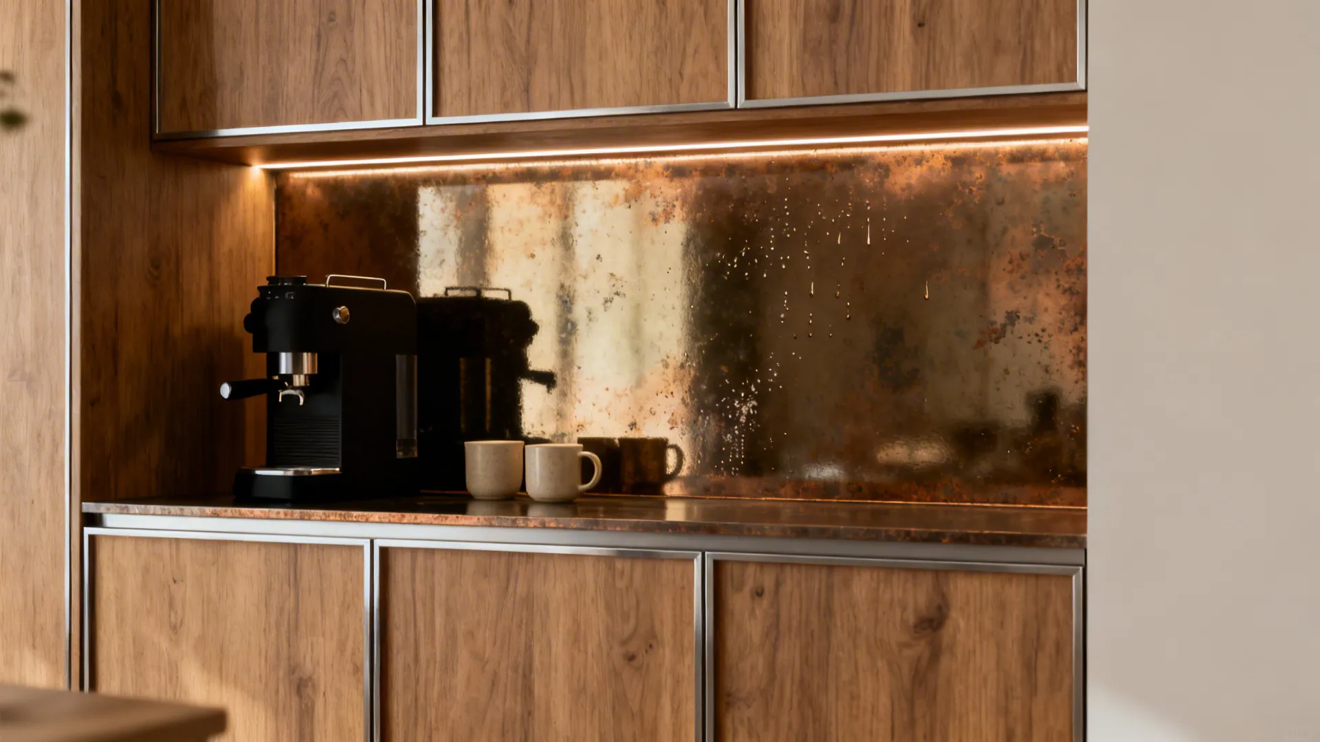 Medium oak coffee station with antique bronze mirror backsplash and warm LED glow.