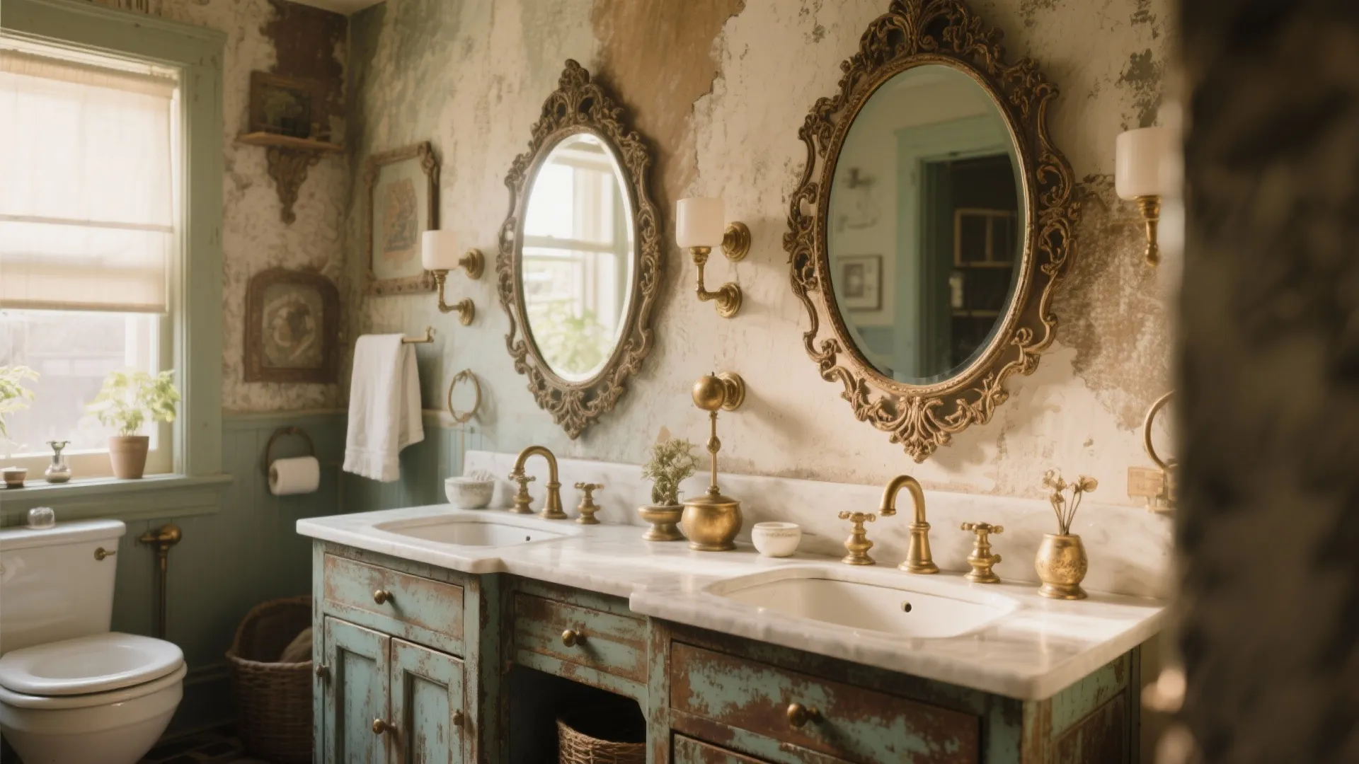 Vintage bathroom featuring two gold frame mirrors wooden cabinet brass water taps and white toilet