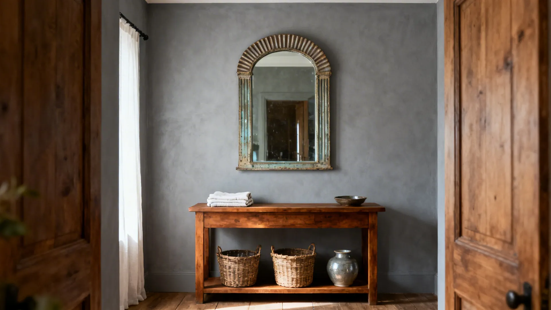Antique-finish mirror above a teak console warms a grey-walled Indian living room.