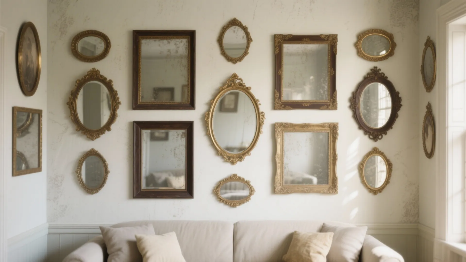 Gallery wall of antique mirrors with light foxing arranged symmetrically to brighten a small living room.