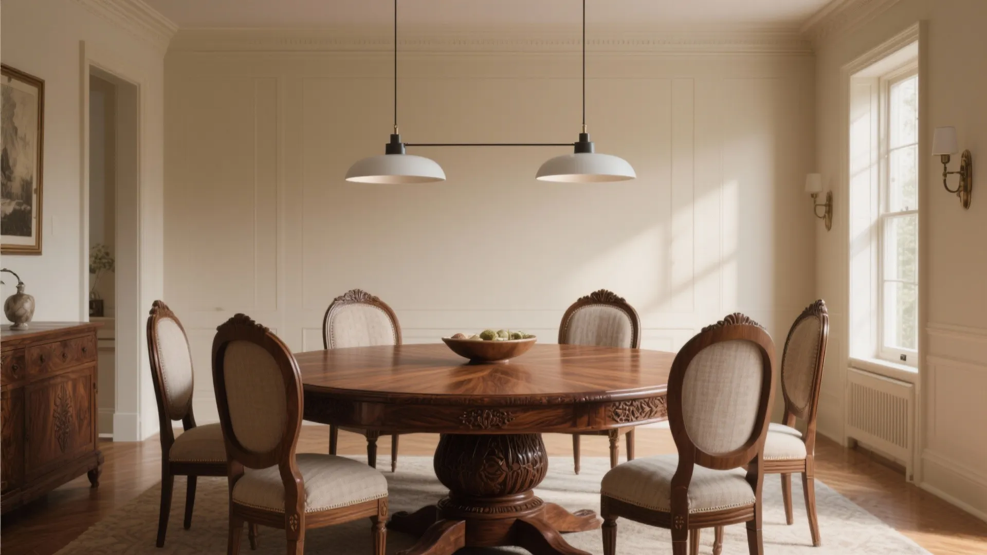 Mahogany dining table with modern pendant lights in a softly lit room