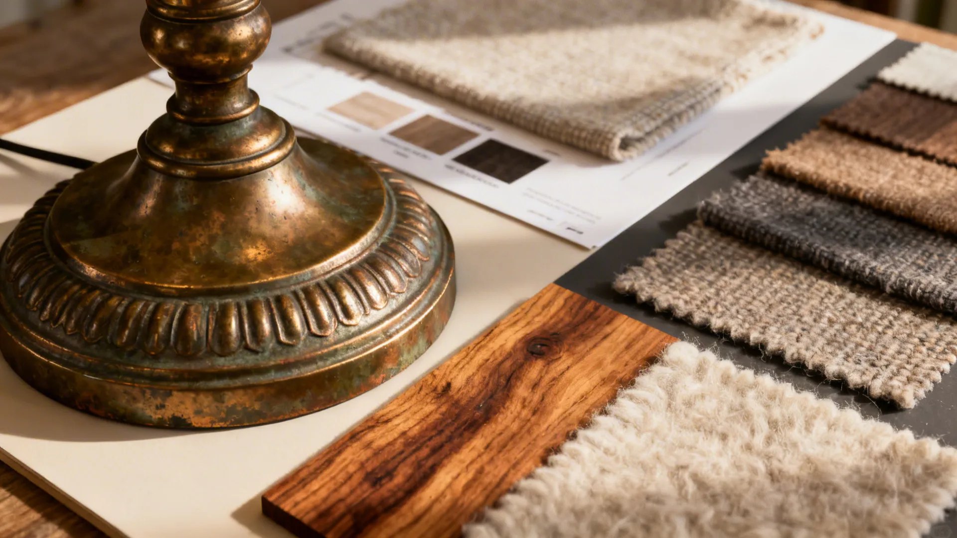 Antique-patina bronze lamp base with wood and textile swatches showing layered warm materials.