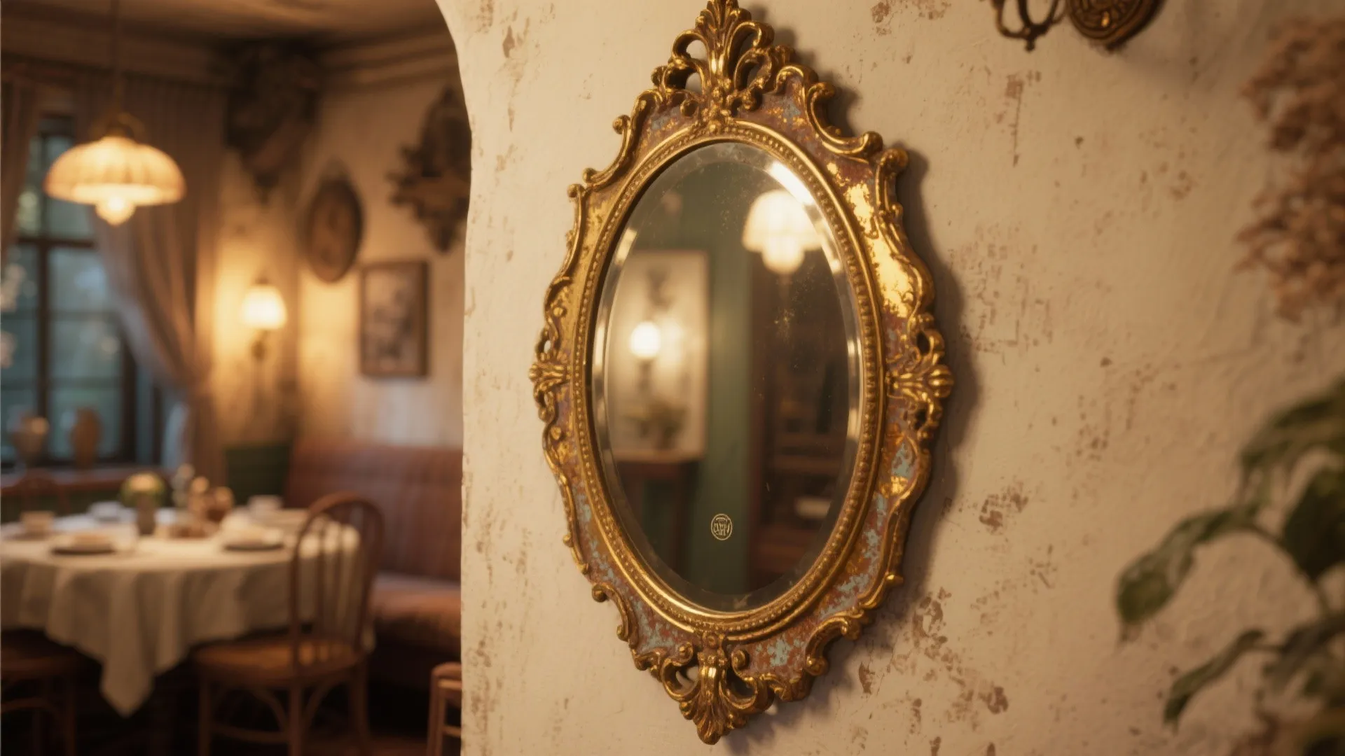 Ornate vintage gold mirror hanging on textured wall in warm dining room with blurred lights