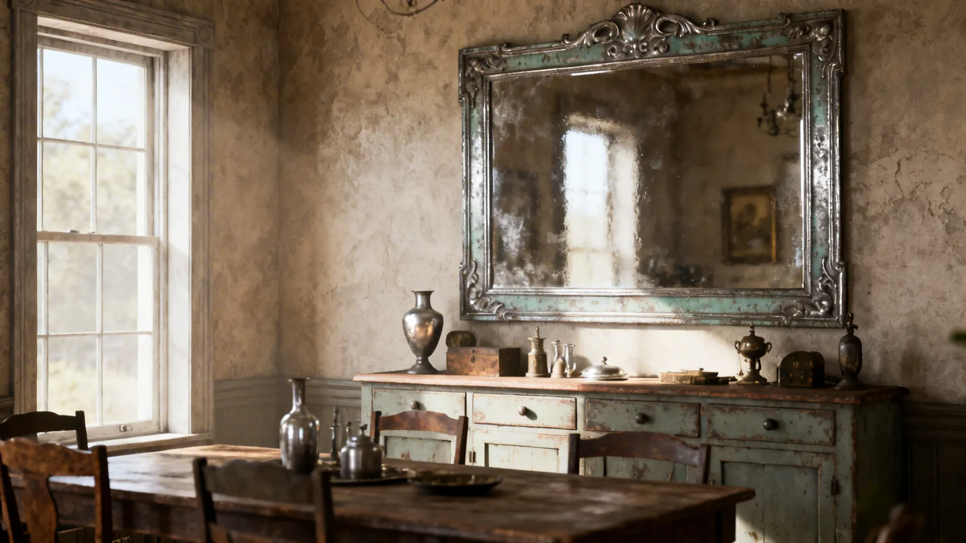 Dining room with an antique patina mirror hung above a vintage sideboard, adding warmth