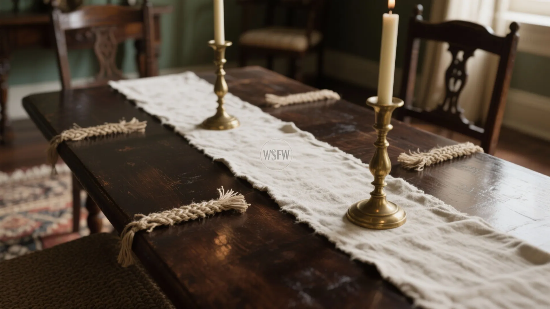 Close-up of wood, linen, and brass textures in a dining setting