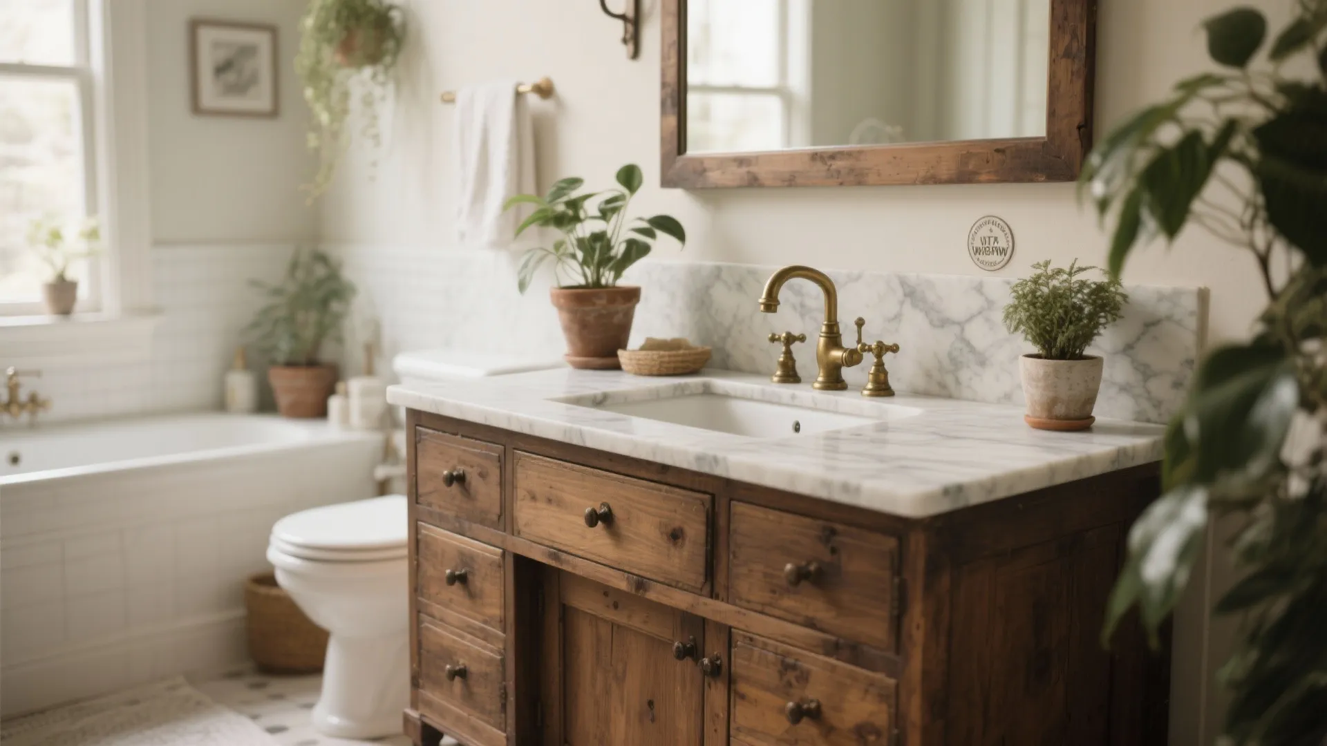 Vintage bathroom with wooden cabinet marble sink brass tap white toilet bathtub and green indoor plants